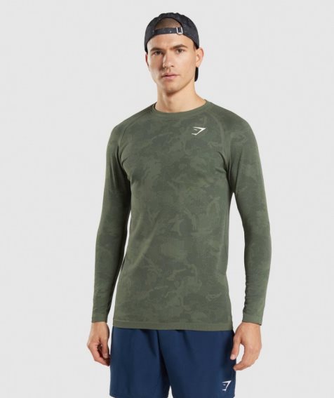 Men's Gymshark Geo Seamless Long Sleeve T-Shirts Olive | CA 810D75